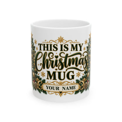 Personalized This Is My Christmas Mug — Elegant Green and Gold Trees