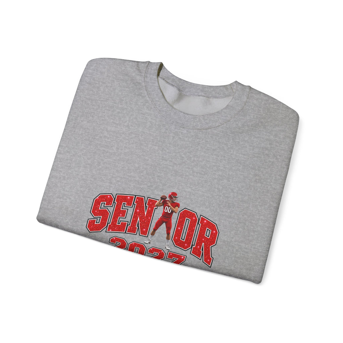 Personalized Senior Mom 2027 Sweatshirt — Quarterback Photo & Sleeve Heart