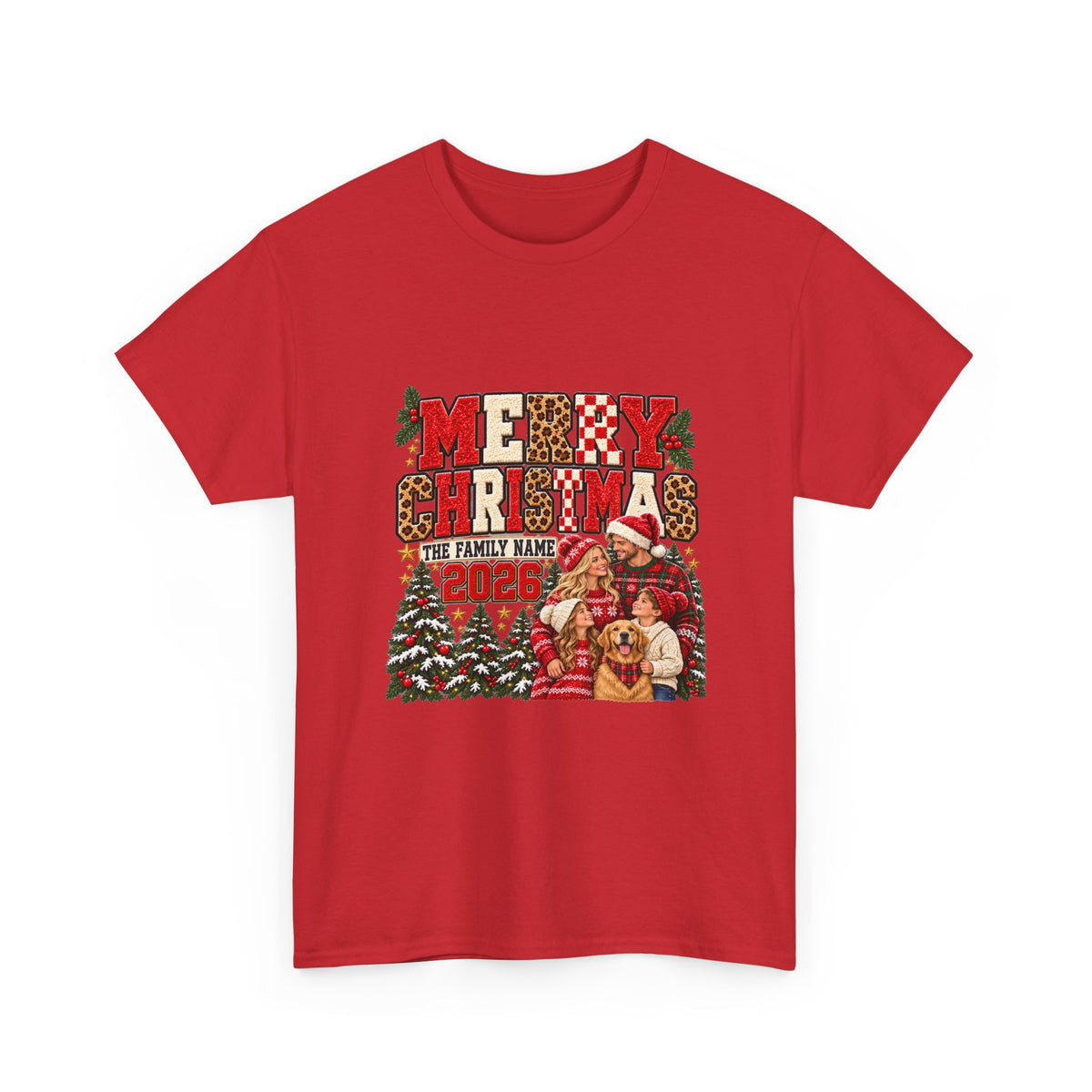 Personalized Merry Christmas Family Photo Shirt — Leopard & Printed Glitter