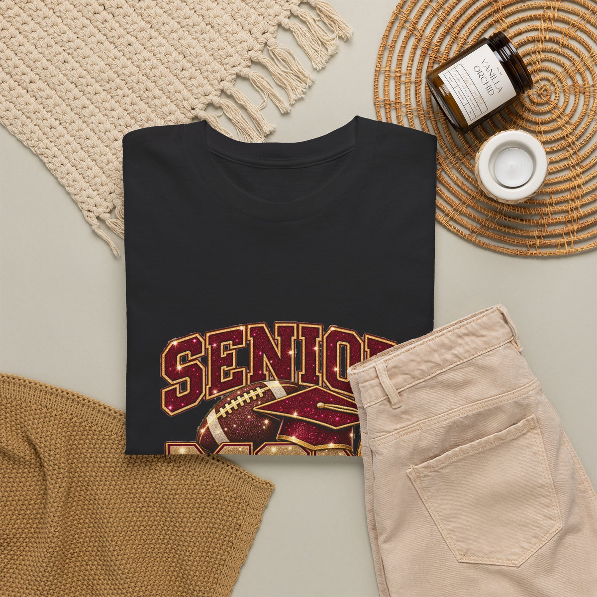Personalized Senior Mom 2027 Football Shirt – Burgundy Gold Graduation Cap, Custom Player Name Number & Team