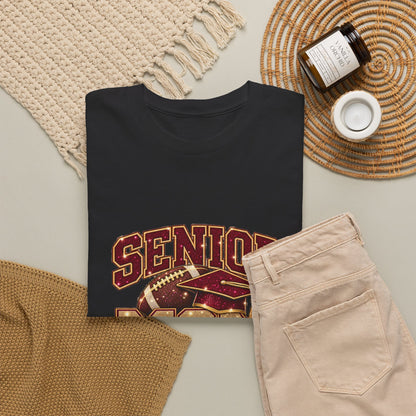 Personalized Senior Mom 2027 Football Shirt – Burgundy Gold Graduation Cap, Custom Player Name Number & Team