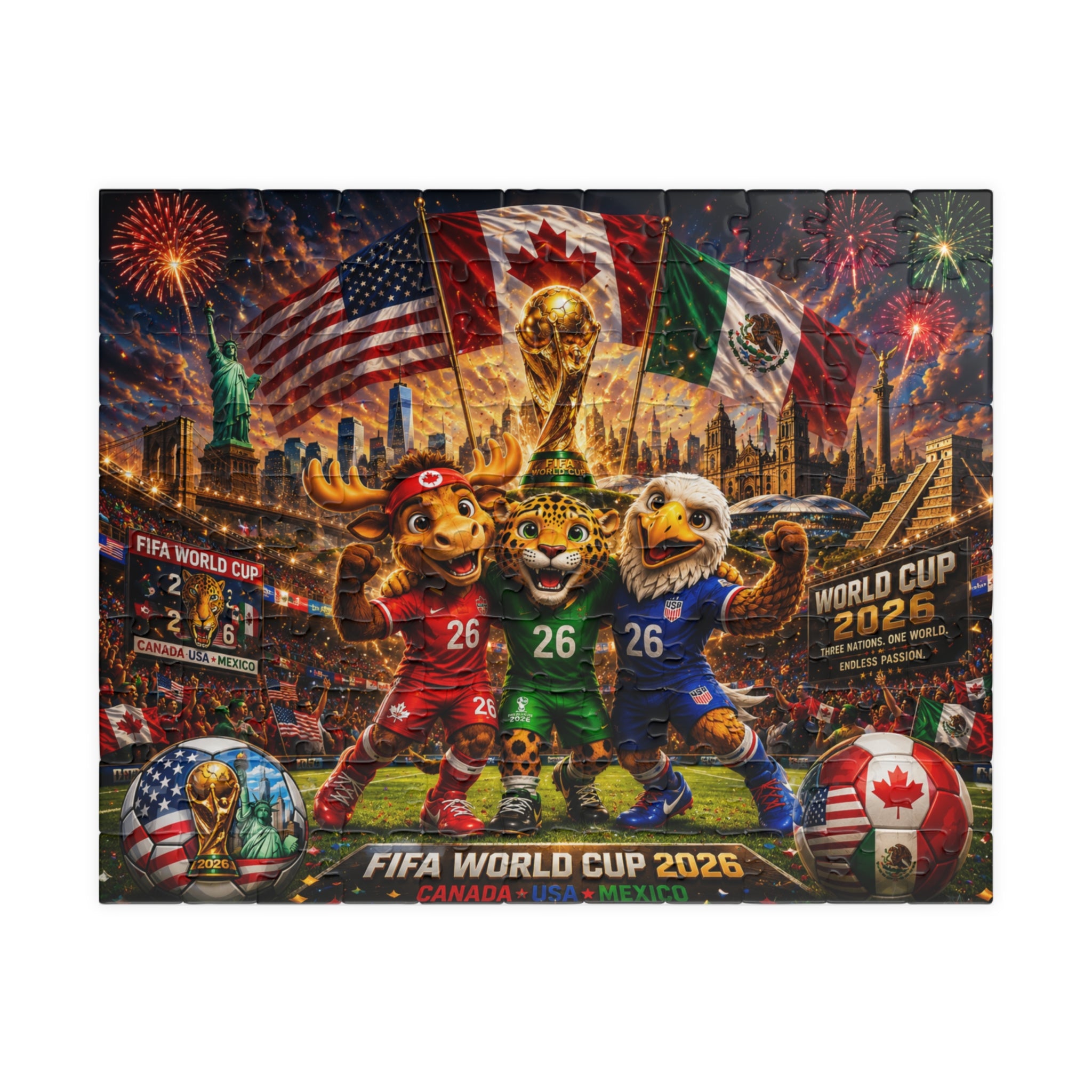 FIFA World Cup 2026 Soccer Mascot Jigsaw Puzzle — Canada USA Mexico Stadium Scene (110/252/520/1014 pcs)