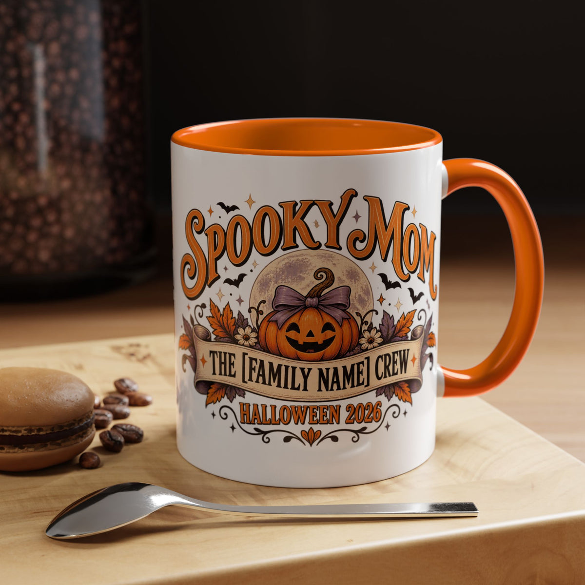 Personalized Spooky Mom Halloween Mug, Custom Family Name Coffee Cup, Halloween Mom Gift, Pumpkin Mug, Fall Gift for Mom