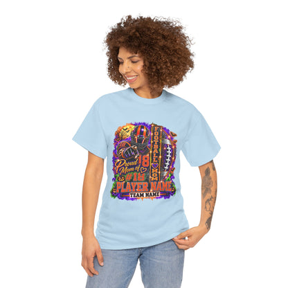 Personalized Halloween Football Mom Shirt, Proud Mom of Player, Custom Player Name Team Name Number, Glitter Effect Game Day Mom Tee