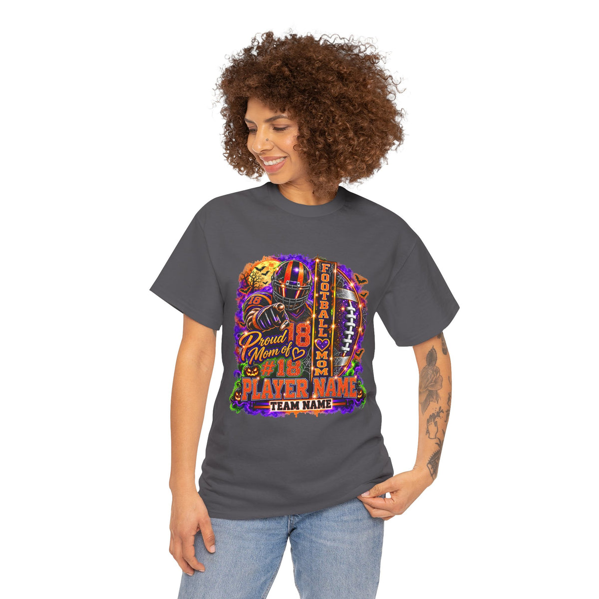 Personalized Halloween Football Mom Shirt, Proud Mom of Player, Custom Player Name Team Name Number, Glitter Effect Game Day Mom Tee