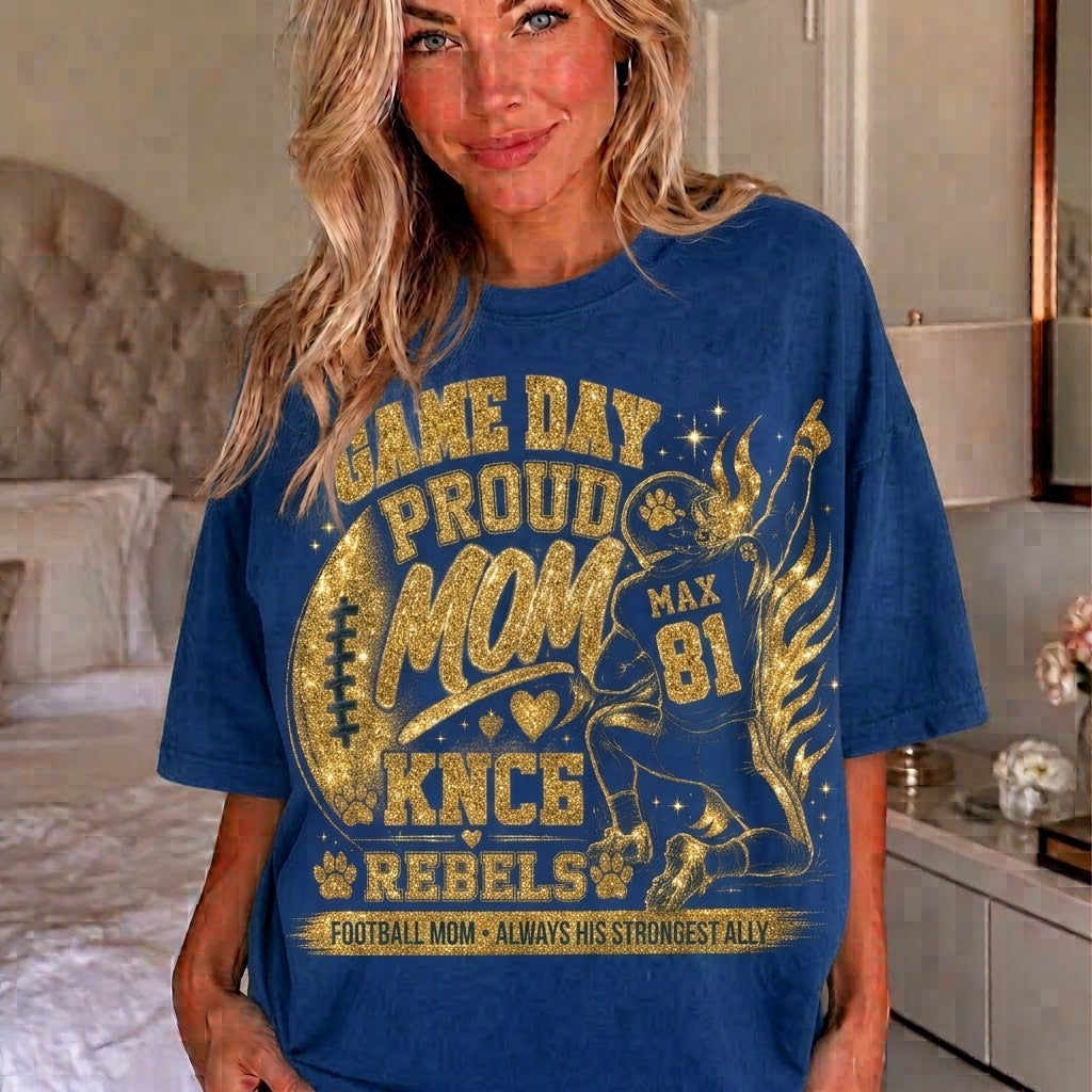 Personalized Football Mom Shirt, Custom Game Day Mom Tee, Player Name Number Team, Glitter Effect Football Mom Gift