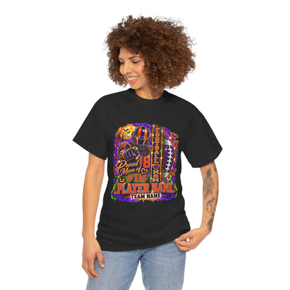 Personalized Halloween Football Mom Shirt, Proud Mom of Player, Custom Player Name Team Name Number, Glitter Effect Game Day Mom Tee