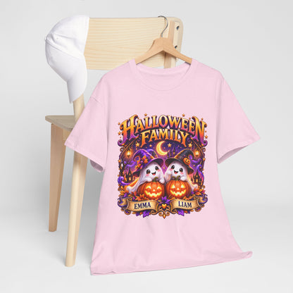 Halloween Family T-Shirt – Personalized Ghosts with Pumpkins (Names: Emma & Liam)