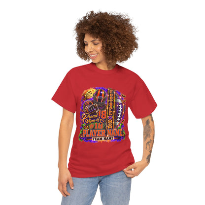 Personalized Halloween Football Mom Shirt, Proud Mom of Player, Custom Player Name Team Name Number, Glitter Effect Game Day Mom Tee