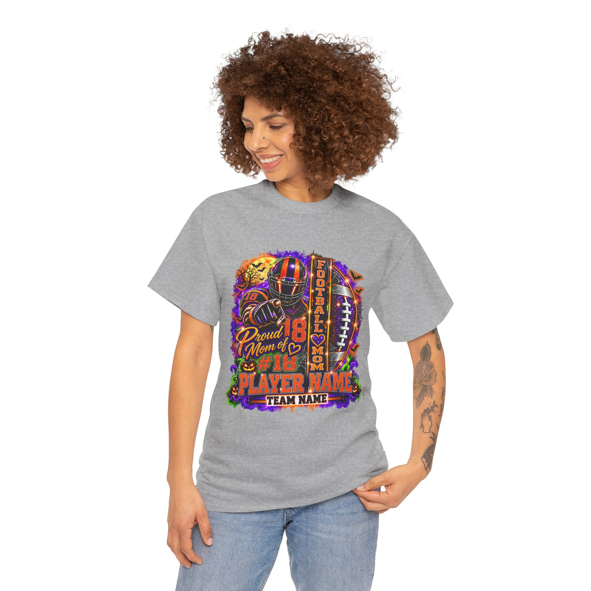 Personalized Halloween Football Mom Shirt, Proud Mom of Player, Custom Player Name Team Name Number, Glitter Effect Game Day Mom Tee