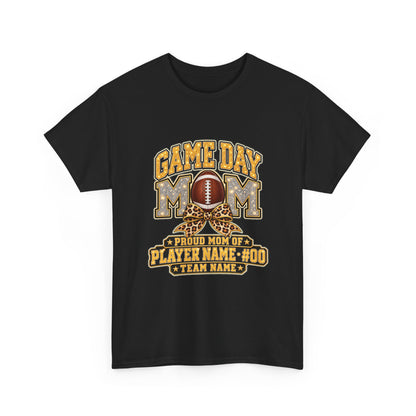 Personalized Game Day Mom Football Shirt – Gold Silver Leopard Bow, Custom Player Name Number & Team