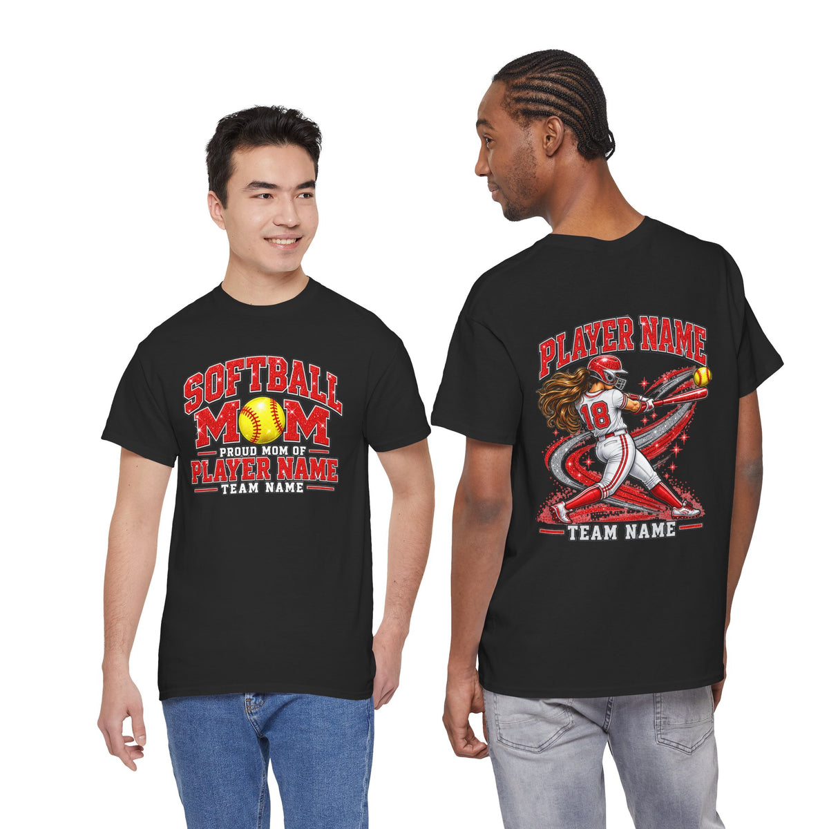 Personalized Softball Mom Shirt, Proud Mom of Player Name, Custom Team Name & Number, Glitter Effect Game Day Tee, Front and Back