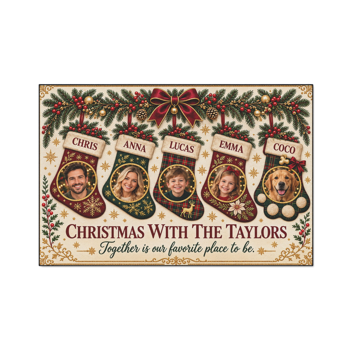Personalized Christmas Family & Pet Photo Floor Mat — Gold Glitter Effect