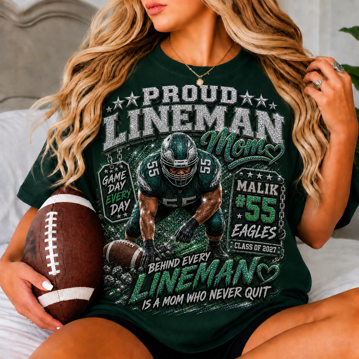 Personalized Football Mom Shirt, Proud Lineman Mom Tee, Custom Player Name Number Team, Senior 2027 Game Day Glitter Effect