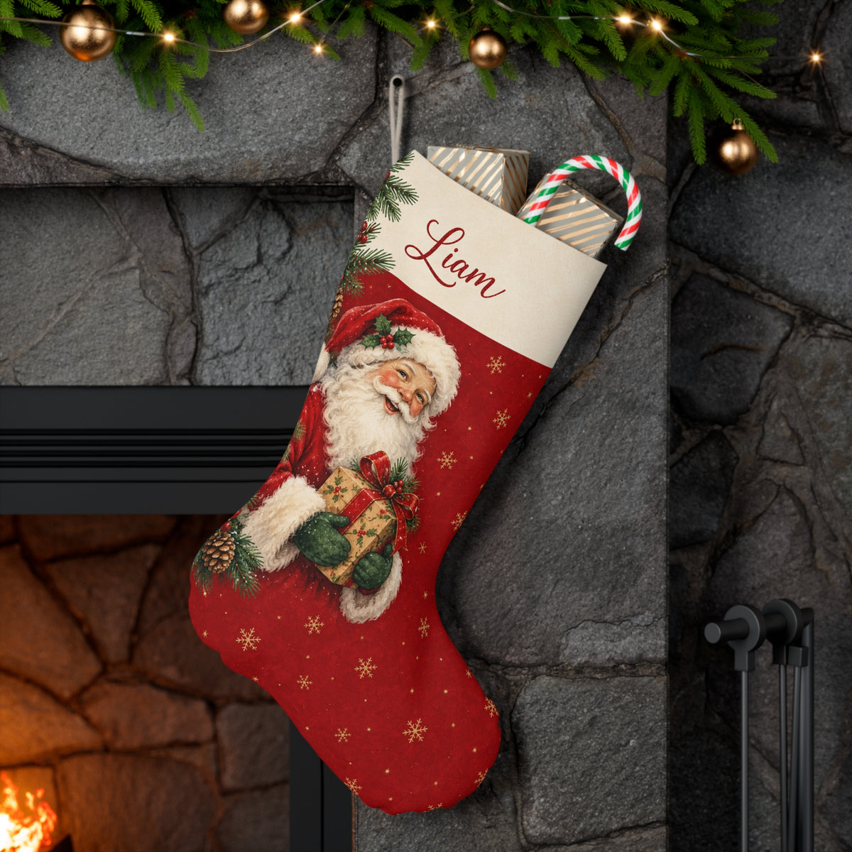 Personalized Santa Christmas Stocking — Name & Colored Printed Glitter