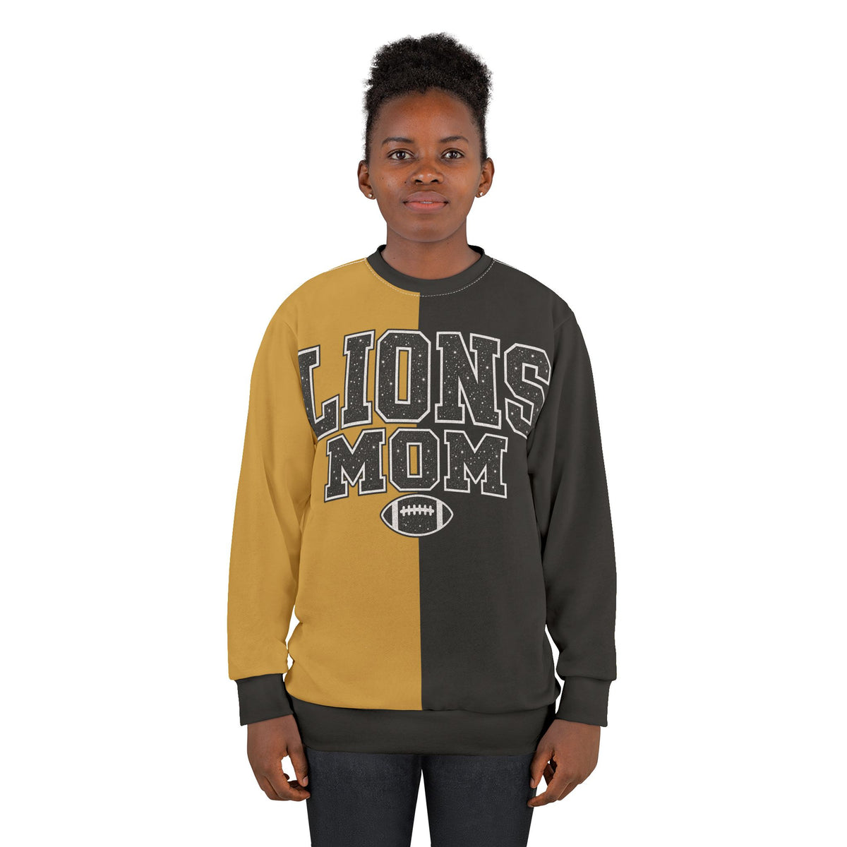 Personalized Lions Mom Two Tone Sweatshirt – Black & Gold, Custom Player Name Number