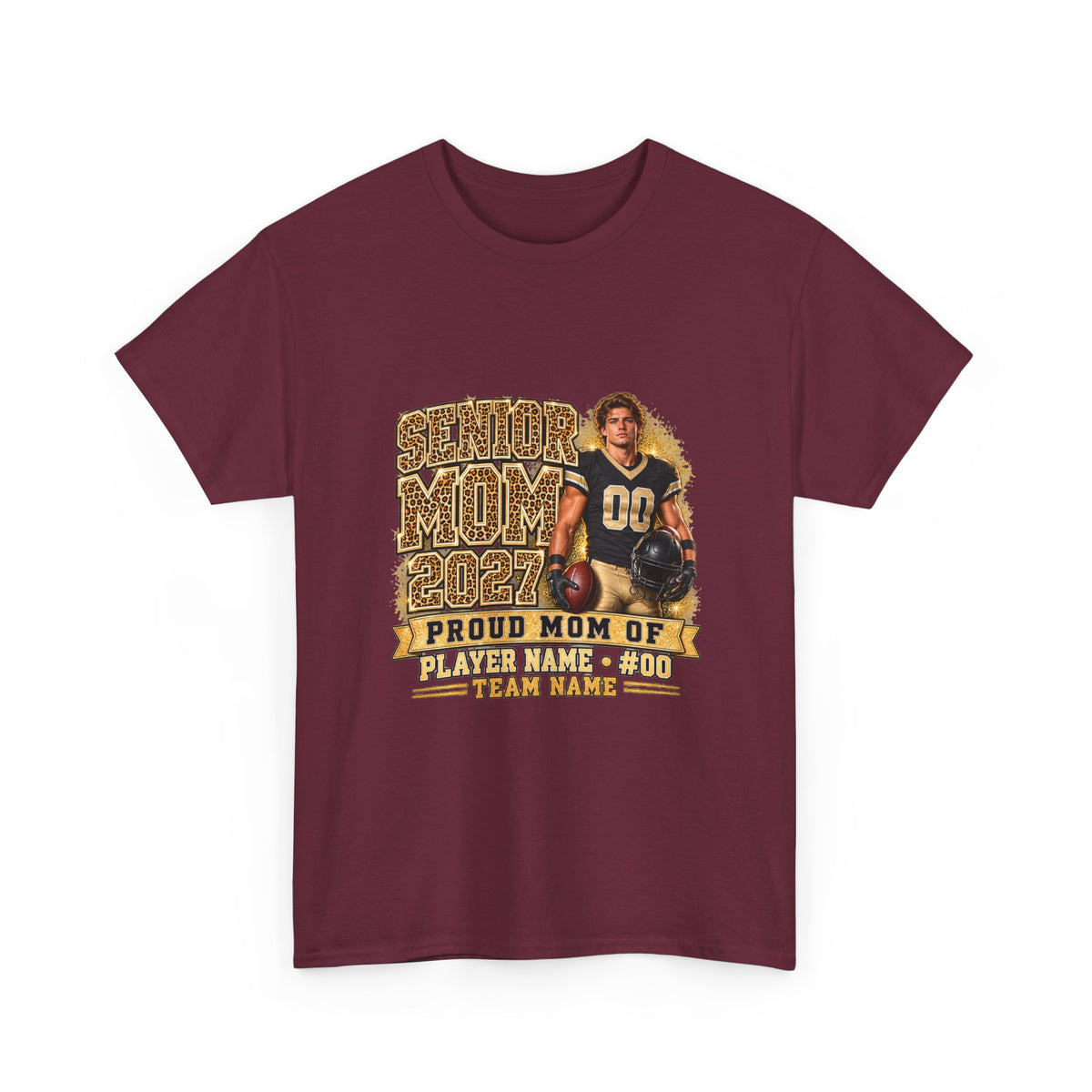 Personalized Senior Mom 2027 Leopard Football Photo Shirt – Gold Glitter Effect, Proud Mom of, Custom Player Name Number & Team