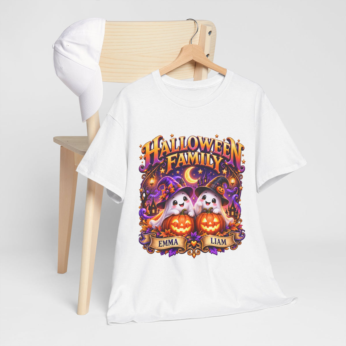 Halloween Family T-Shirt – Personalized Ghosts with Pumpkins (Names: Emma & Liam)
