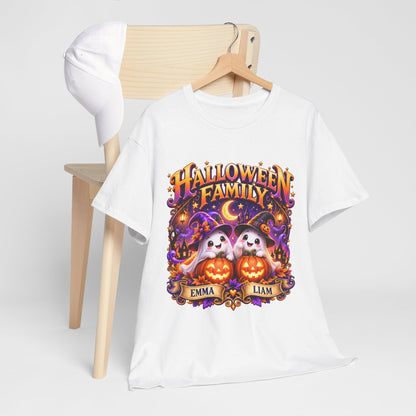 Halloween Family T-Shirt – Personalized Ghosts with Pumpkins (Names: Emma & Liam)