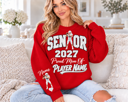 Personalized Senior Mom 2027 Sweatshirt — Quarterback Photo & Sleeve Heart