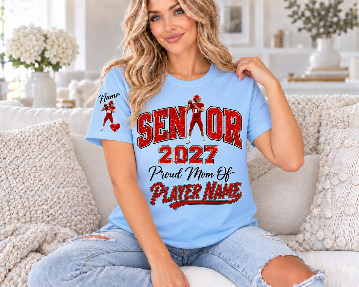 Light Blue Senior Mom 2027 personalized T-shirt with printed red glitter