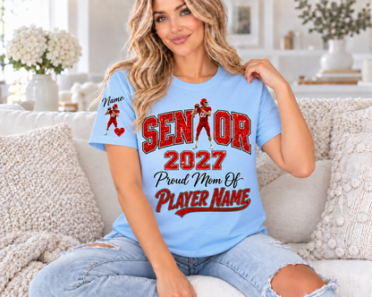 Light Blue Senior Mom 2027 personalized T-shirt with printed red glitter