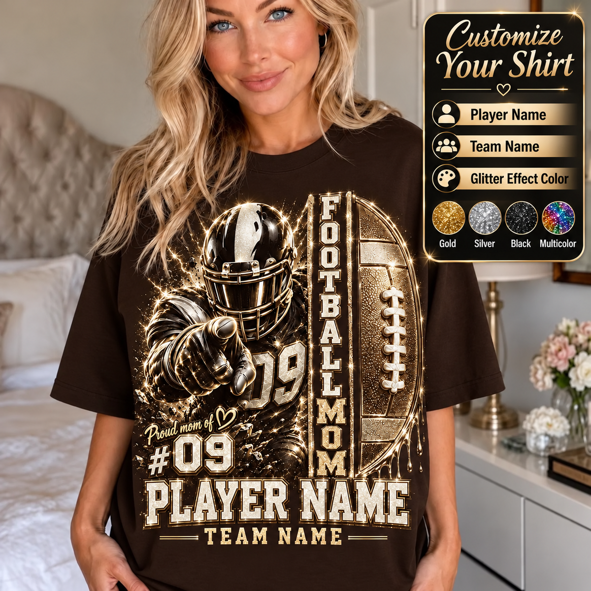 Personalized Football Mom Shirt — Player Name & Team Name, Printed Glitter