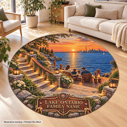 Lake Ontario personalized round rug in a living room — illustrative mockup, printed 3D effect