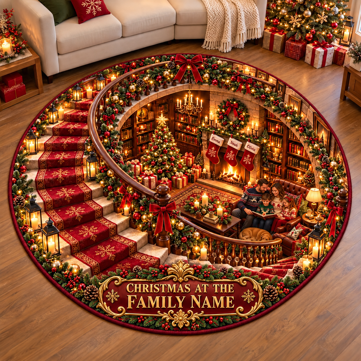 Personalized Christmas round rug with family in printed 3D staircase illusion