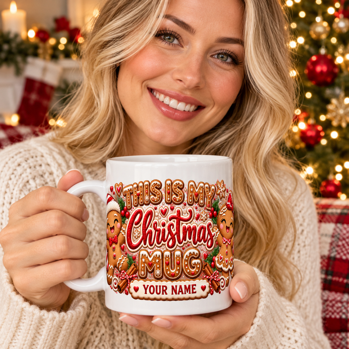 Blonde woman holding personalized gingerbread Christmas mug — example name