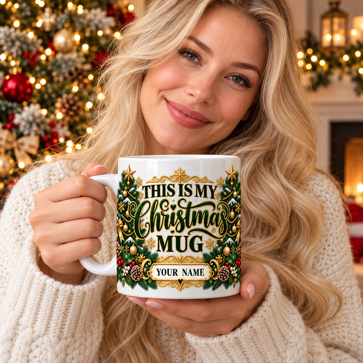Blonde woman holding personalized green and gold Christmas trees mug — example name