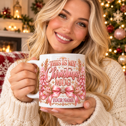 Blonde woman holding personalized pink Christmas mug — example name