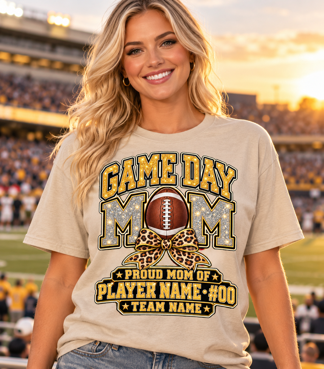 Personalized Personalized Game Day Mom Football Shirt – Gold Silver Leopard Bow, Custom Player Name Number & Team – blonde model at football stadium, illustrative lifestyle mockup
