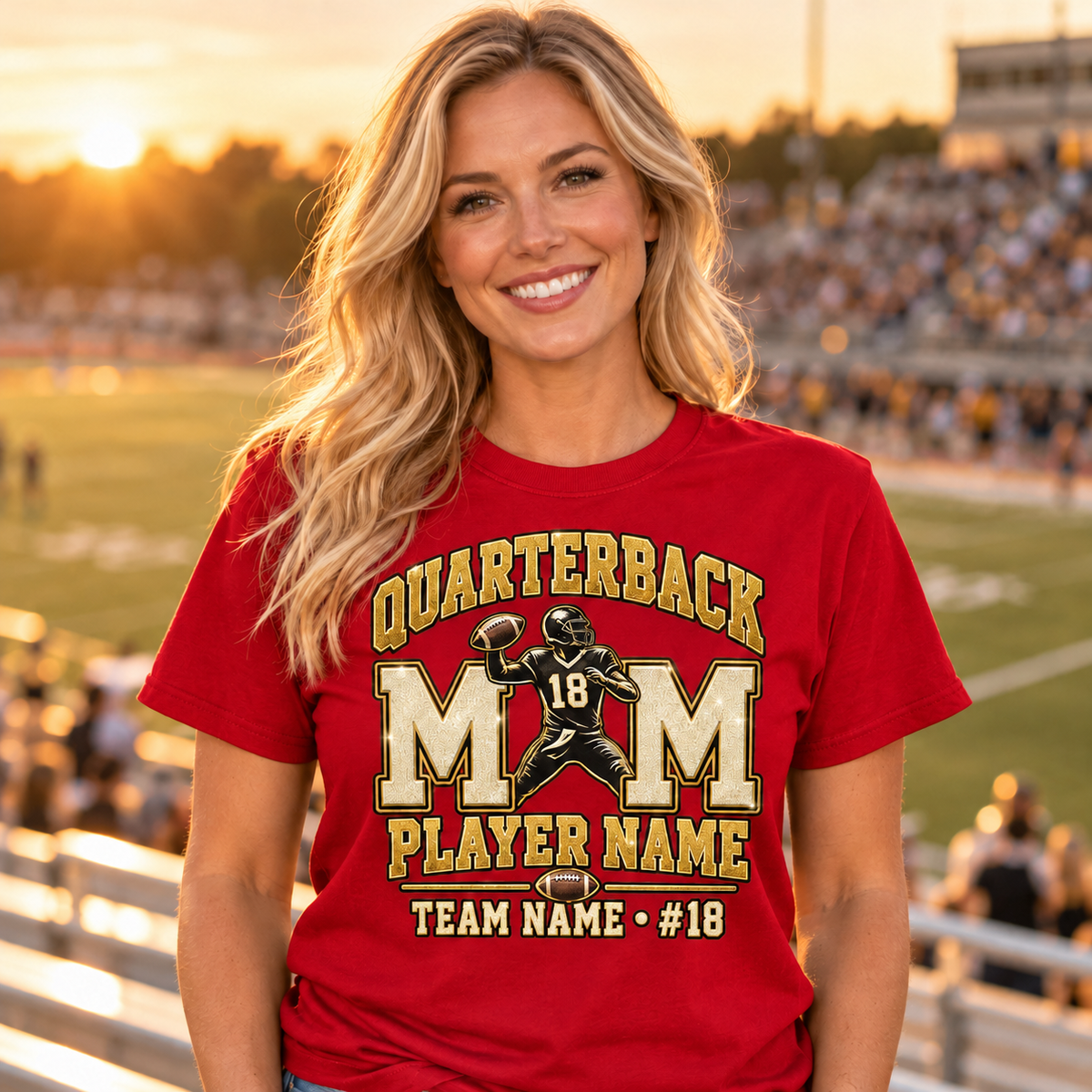 Quarterback Mom red shirt, blonde model in football stadium, printed gold glitter effect