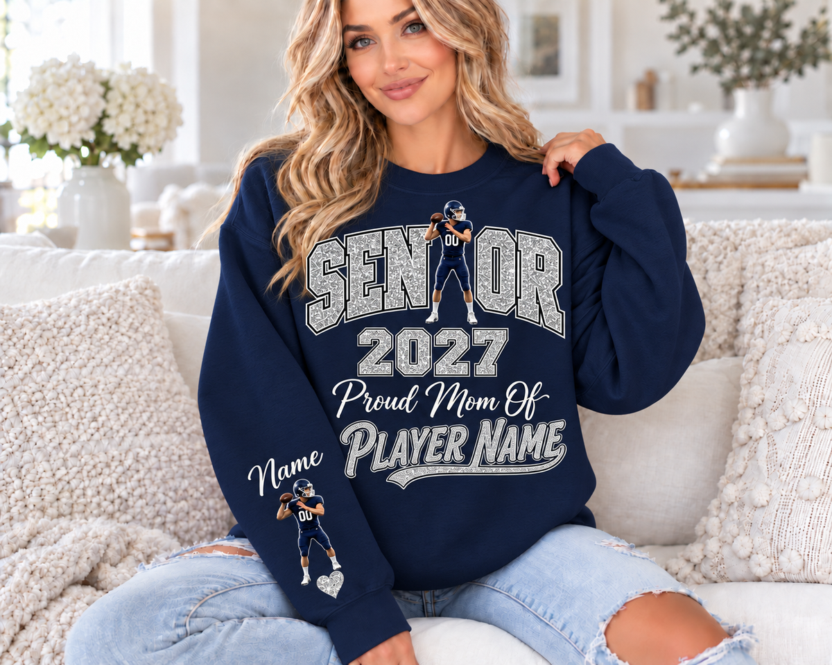 Concept mockup: Navy sweatshirt with silver printed glitter. Navy is not yet in available color selector.