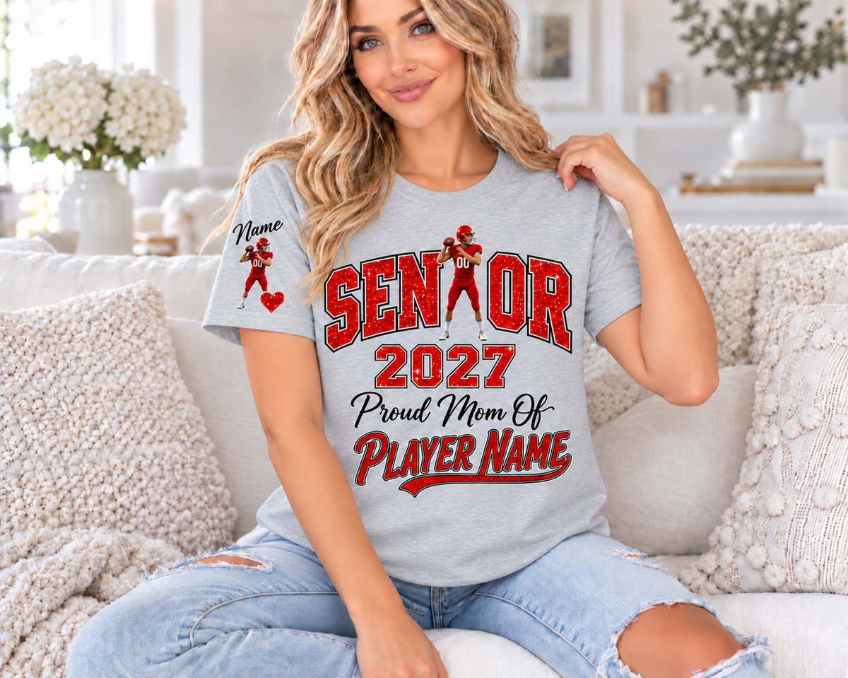 Sport Grey Senior Mom 2027 personalized T-shirt with printed red glitter