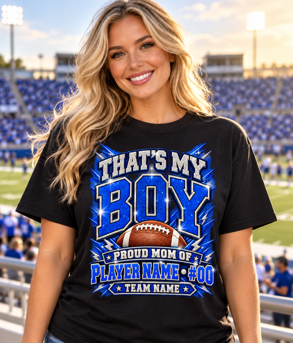 Personalized Personalized That's My Boy Football Mom Shirt – Blue Silver, Proud Mom of, Custom Player Name Number & Team – blonde model at football stadium, illustrative lifestyle mockup