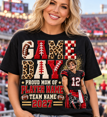 Black Game Day personalized football mom photo tee