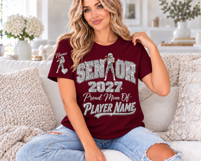 Personalized Senior Mom 2027 T-Shirt — Quarterback Photo & Sleeve Heart