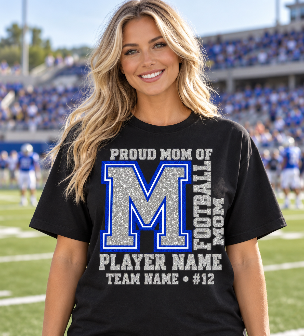 Black football mom shirt silver blue printed glitter game day personalization example