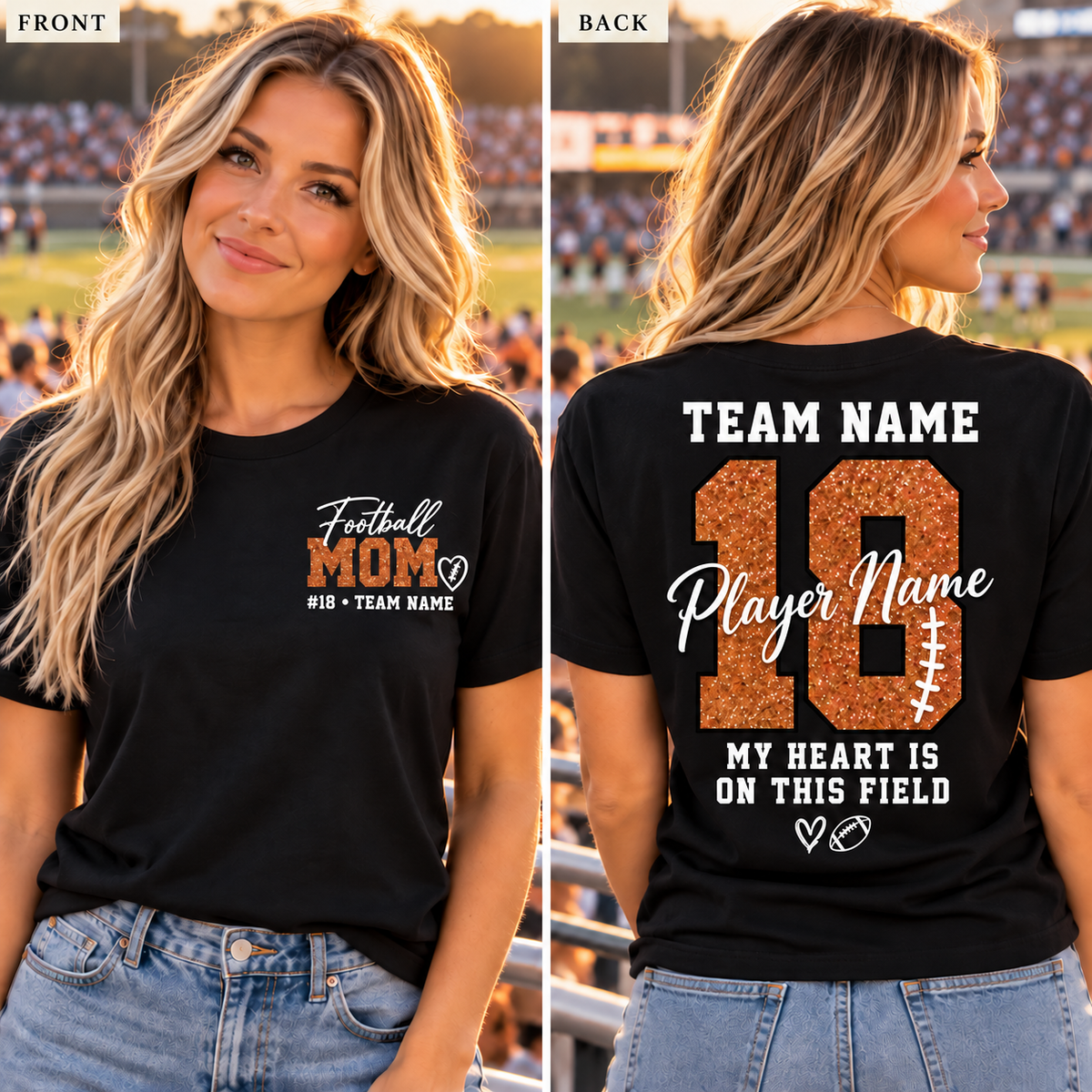 Black copper personalized football mom shirt front and back