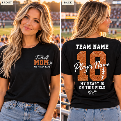 Black copper personalized football mom shirt front and back