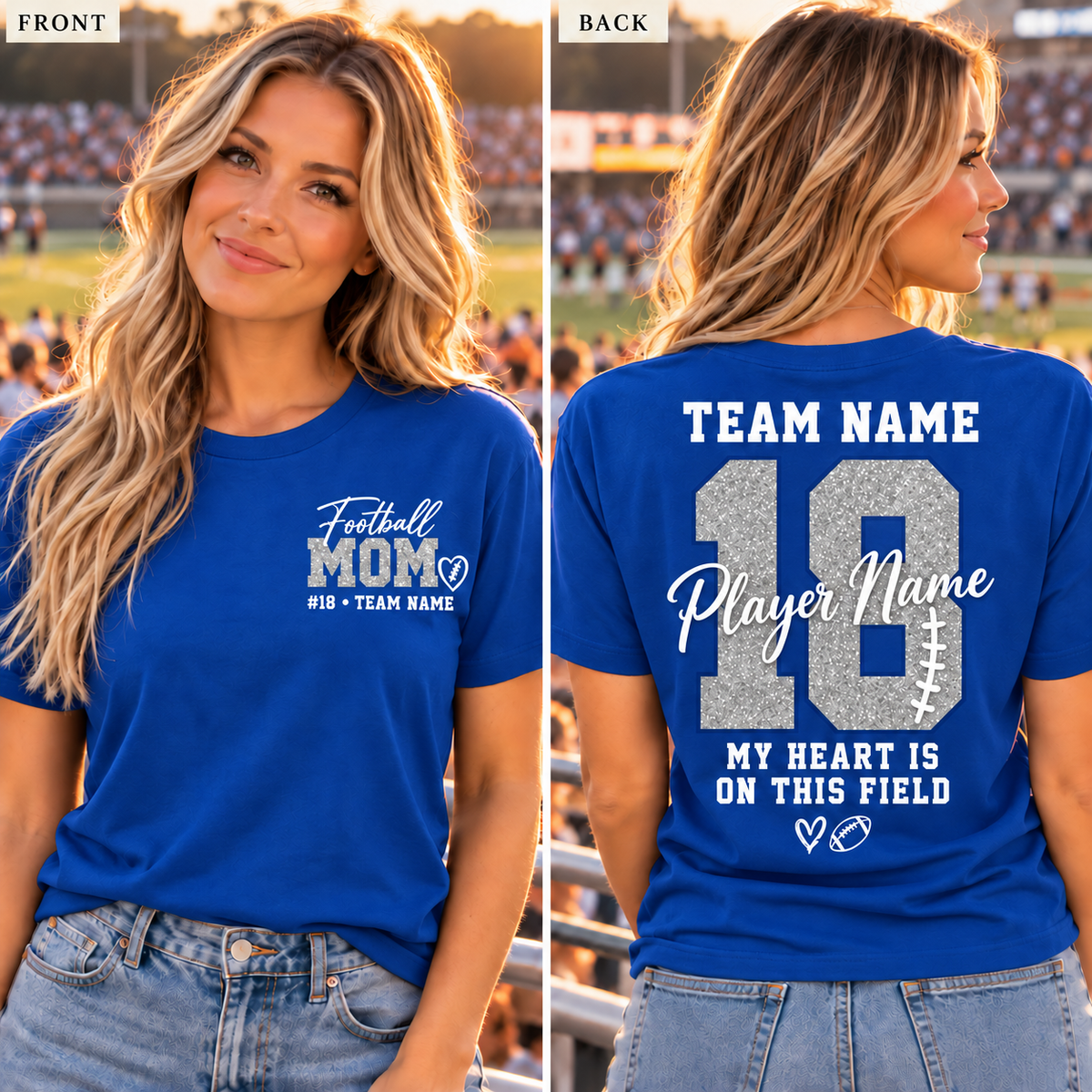 Royal silver personalized football mom shirt front and back