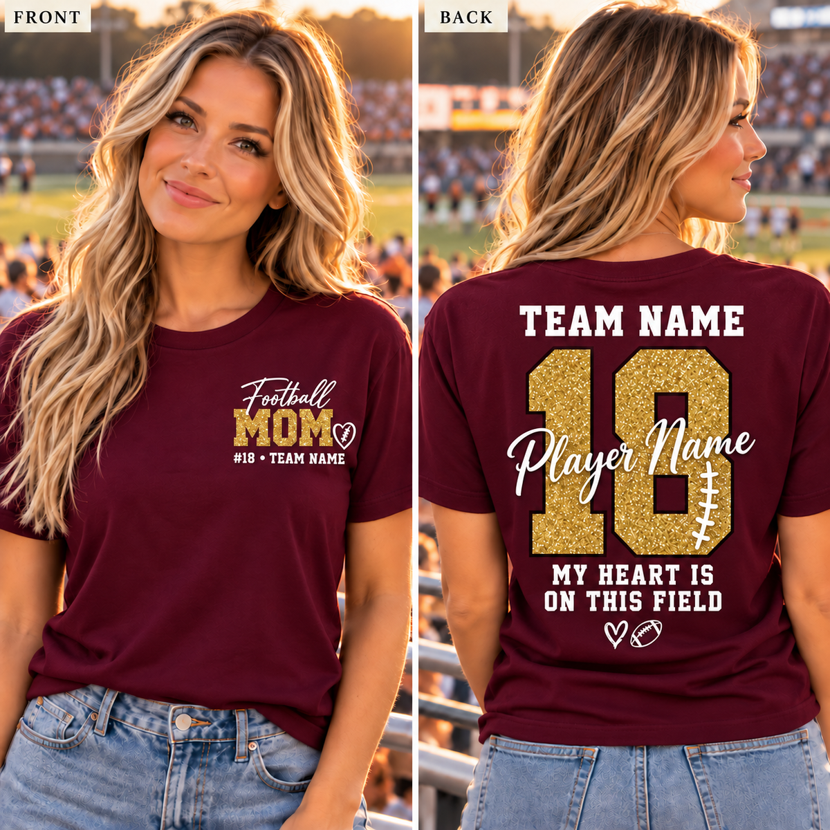Maroon gold personalized football mom shirt front and back