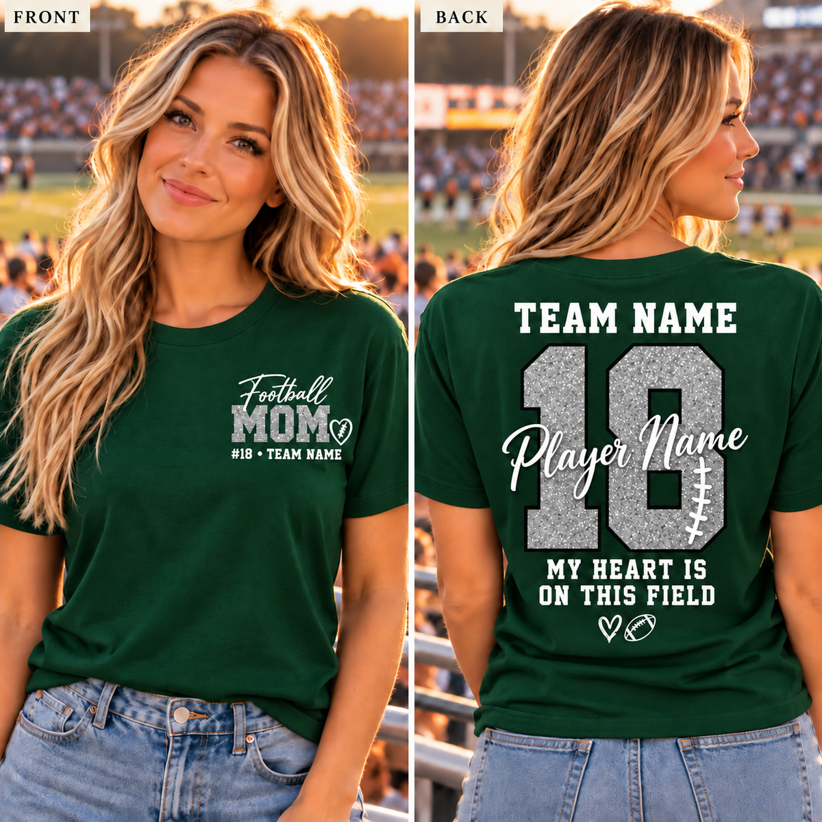 Forest green silver personalized football mom shirt front and back