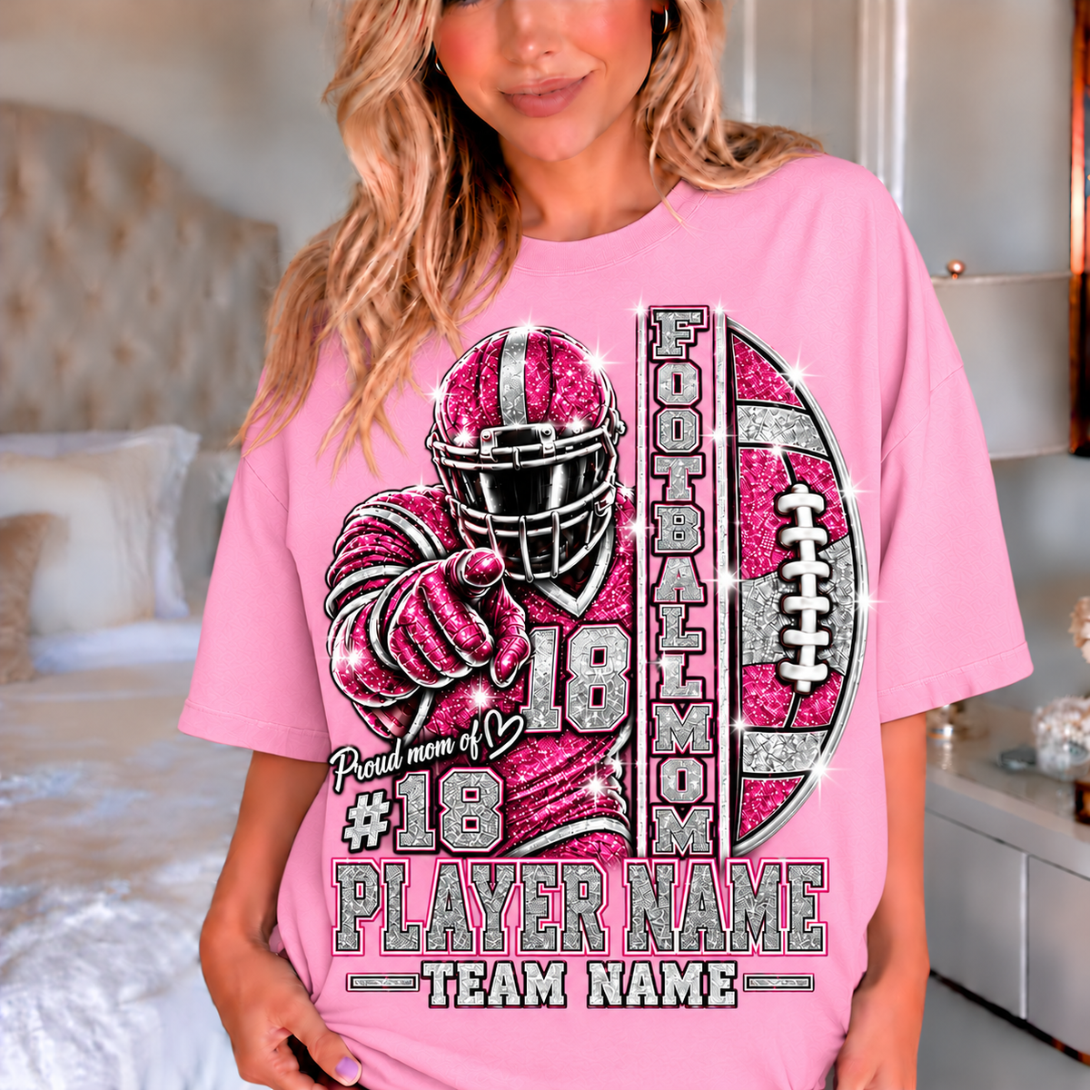 Light Pink — personalized Football Mom printed glitter