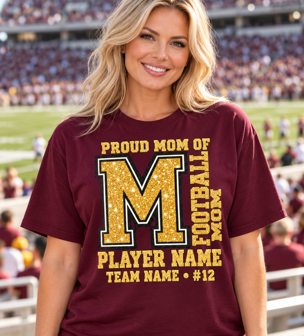 Maroon football mom shirt gold black printed glitter game day personalization example