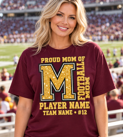 Maroon football mom shirt gold black printed glitter game day personalization example