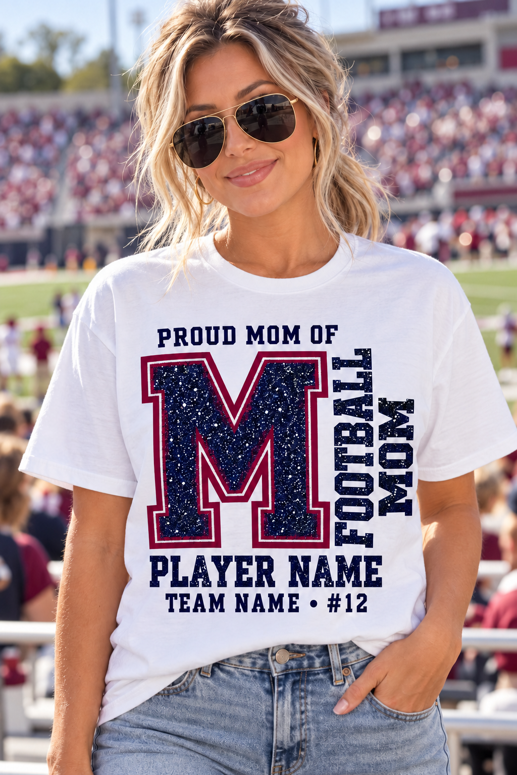 White football mom shirt navy burgundy printed glitter game day personalization example