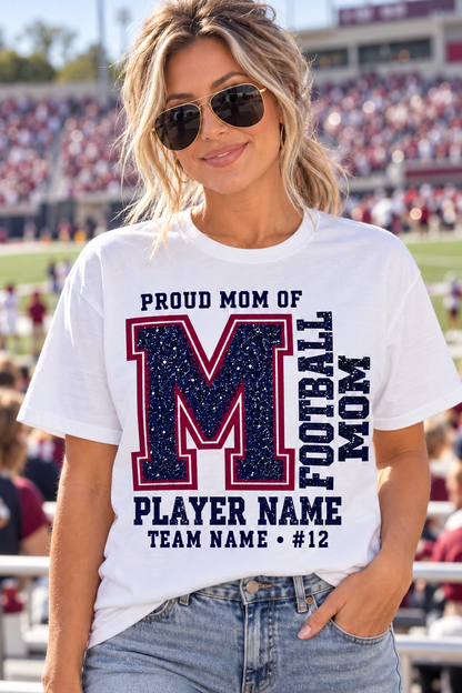 White football mom shirt navy burgundy printed glitter game day personalization example